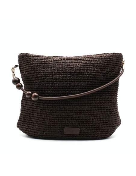 bolso rafia marron oscuro mujer con asa cuentas