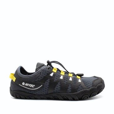 zapatillas barefoot hi-tec abyss hombre gris oscuro con detalles amarillo vista lateral