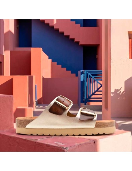 sandalia bio hebillas cuero platino