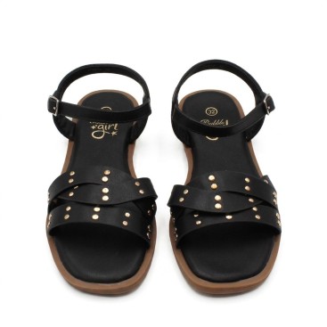 sandalias negras niña con hebilla lateral y tiras cruzadas
