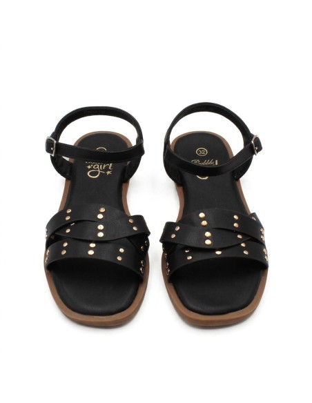 sandalias negras niña con hebilla lateral y tiras cruzadas