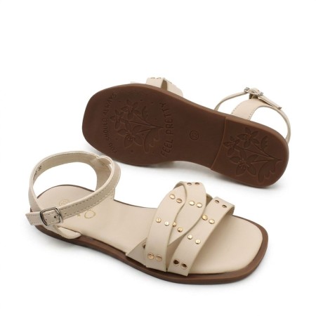 sandalias niña beige con cierre ajustable y suela marron