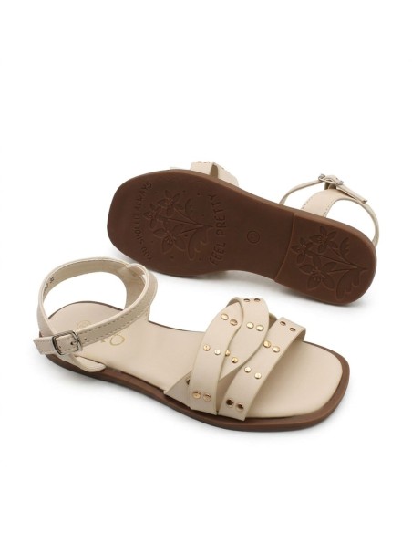 sandalias niña beige con cierre ajustable y suela marron