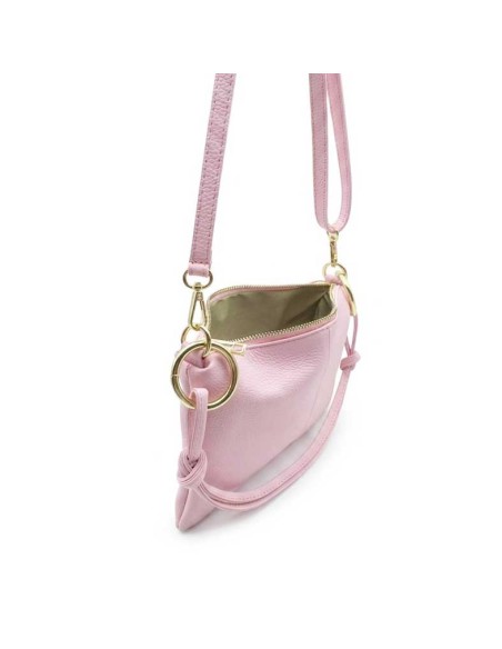 bolso rosa piel detalle interior abierto con cremallera