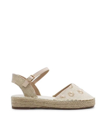 alpargatas niña beige flores bordadas cuña