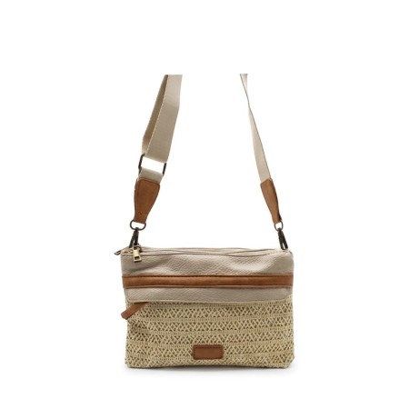 bolso bandolera mujer beige rafia y polipiel camel frontal