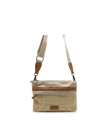 bolso bandolera mujer beige rafia y polipiel camel frontal