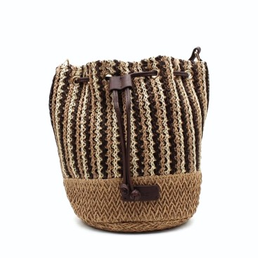 Bolso bombonera de rafia mujer camel natural con detalles marrón frontal