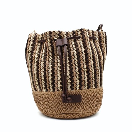 Bolso bombonera de rafia mujer camel natural con detalles marrón frontal