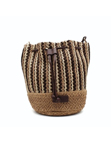 Bolso bombonera de rafia mujer camel natural con detalles marrón frontal