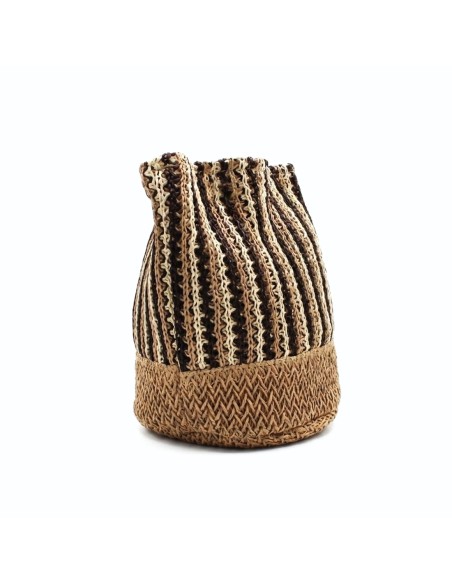 Bolso mujer rafia trenzada camel natural con detalles marrón tres cuartos