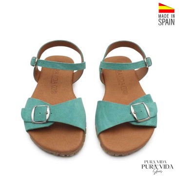 sandalias barefoot mujer turquesa serraje hebilla empeine vista superior