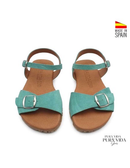 sandalias barefoot mujer turquesa serraje hebilla empeine vista superior