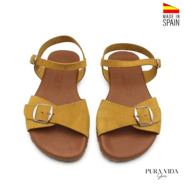 sandalias barefoot mujer ocre serraje hebilla empeine vista superior