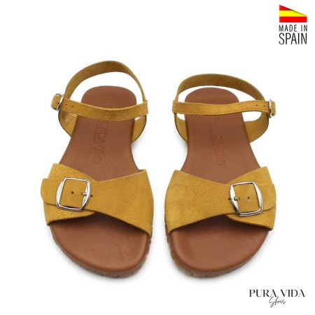 sandalias barefoot mujer ocre serraje hebilla empeine vista superior