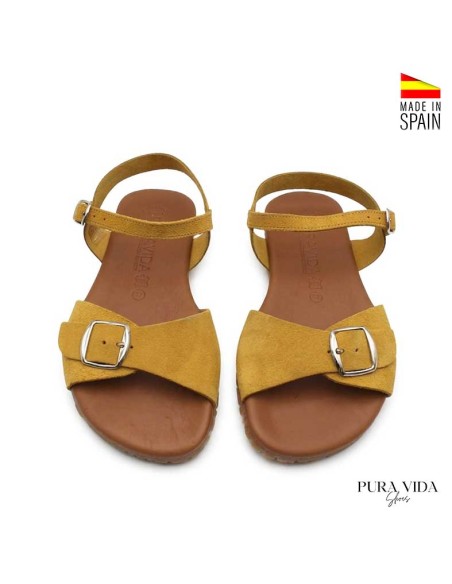 sandalias barefoot mujer ocre serraje hebilla empeine vista superior