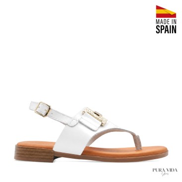 sandalia de dedo blanca mujer piel hebilla dorada lateral