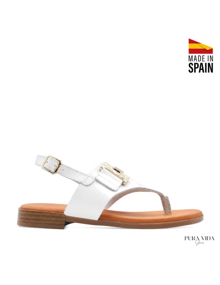 sandalia de dedo blanca mujer piel hebilla dorada lateral