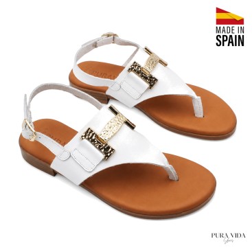 sandalia esclava blanca piel mujer detalle dorado