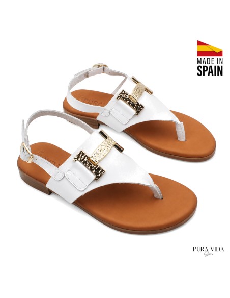 sandalia esclava blanca piel mujer detalle dorado