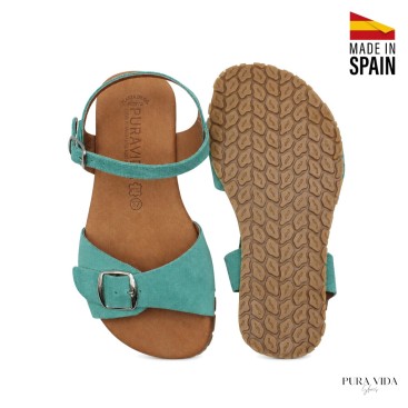 sandalias mujer barefoot turquesa detalle hebilla pala ancha