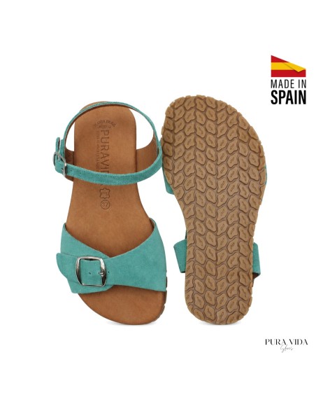 sandalias mujer barefoot turquesa detalle hebilla pala ancha