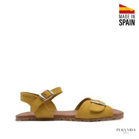 sandalias mujer barefoot ocre puntera ancha detalle hebilla