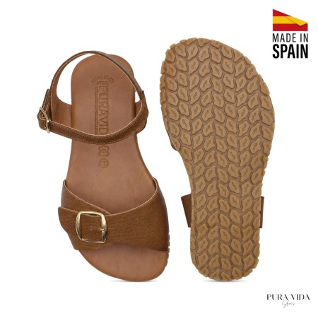Sandalia barefoot mujer piel marrón Pura Vida vista superior y suela