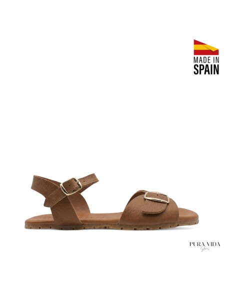 Sandalia barefoot marrón mujer perfil lateral con hebillas