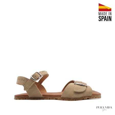 sandalias barefoot mujer beige serraje hebilla frontal vista lateral