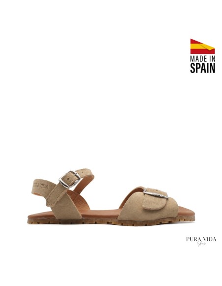 sandalias barefoot mujer beige serraje hebilla frontal vista lateral