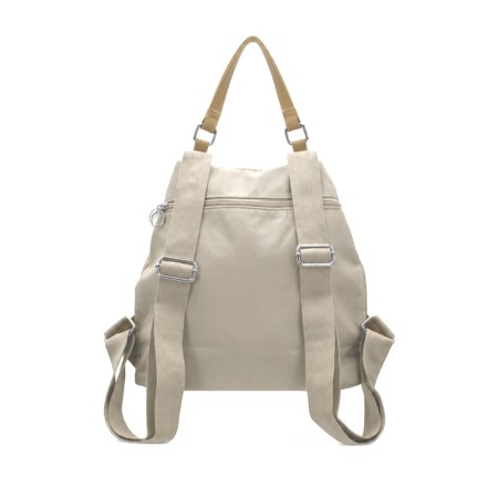 Mochila beige mujer vista trasera con asas regulables y bolsillo antirrobo.