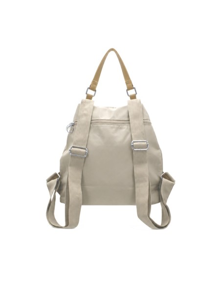 Mochila beige mujer vista trasera con asas regulables y bolsillo antirrobo.