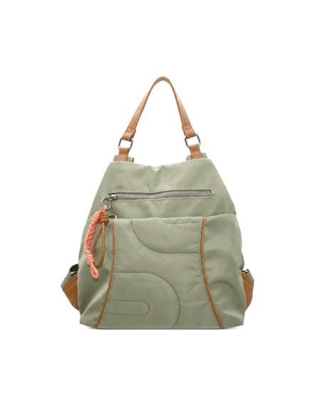Mochila verde mujer de nylon con bolsillo frontal y cremallera superior