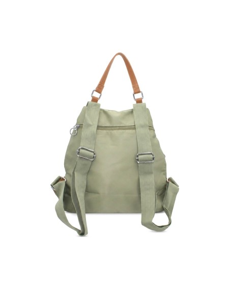 Mochila verde mujer vista lateral con detalles arena y tirador decorativo