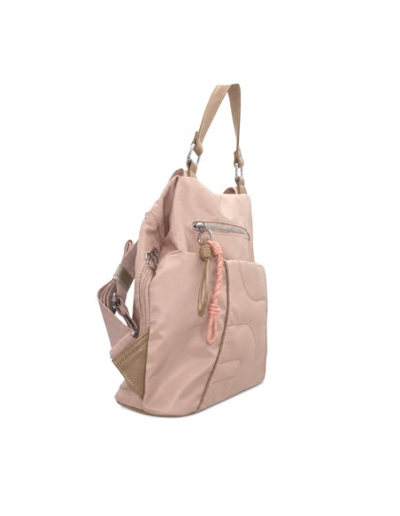 Mochila rosa mujer vista lateral con detalles arena y bolsillo exterior.