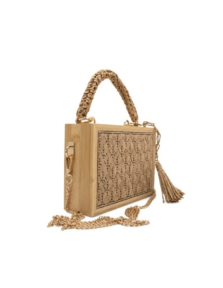 Bolso de ratán mujer con cadena dorada extraíble y borlas decorativas.