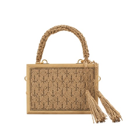 Bolso de ratán con estructura de madera natural y asa trenzada para mujer.