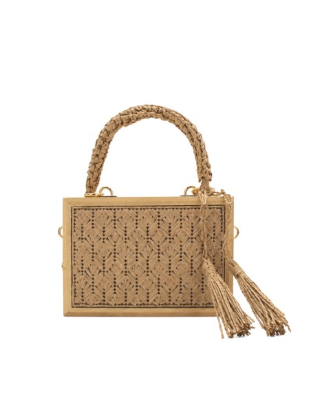 Bolso de ratán con estructura de madera natural y asa trenzada para mujer.