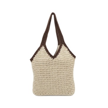 Bolso boho macramé beige y marrón para mujer con asas largas y cierre de cremallera