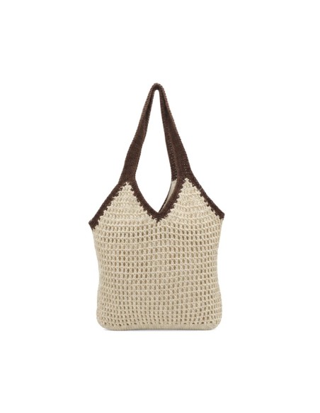Bolso boho macramé beige y marrón para mujer con asas largas y cierre de cremallera