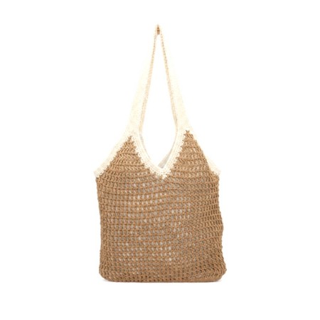 Bolso boho macramé camel para mujer con asas largas en color crudo.