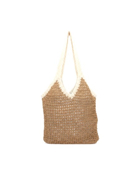 Bolso boho macramé camel para mujer con asas largas en color crudo.