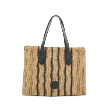 Bolso shopper de rafia natural para mujer con rayas negras y asas largas.