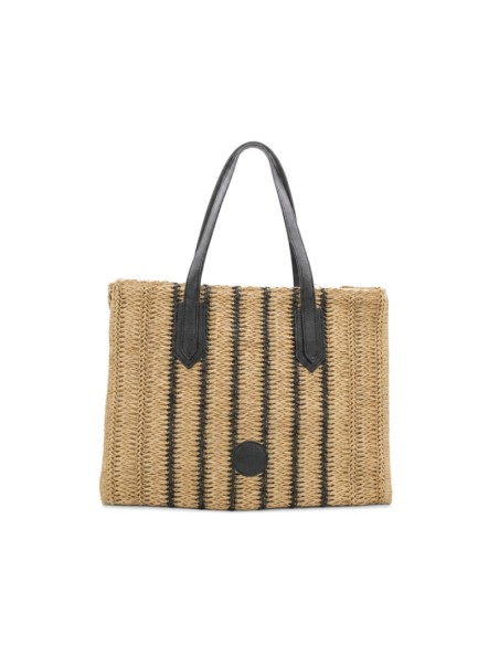 Bolso shopper de rafia natural para mujer con rayas negras y asas largas.