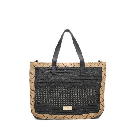 Bolso negro y natural de verano para mujer con cierre de cremallera.