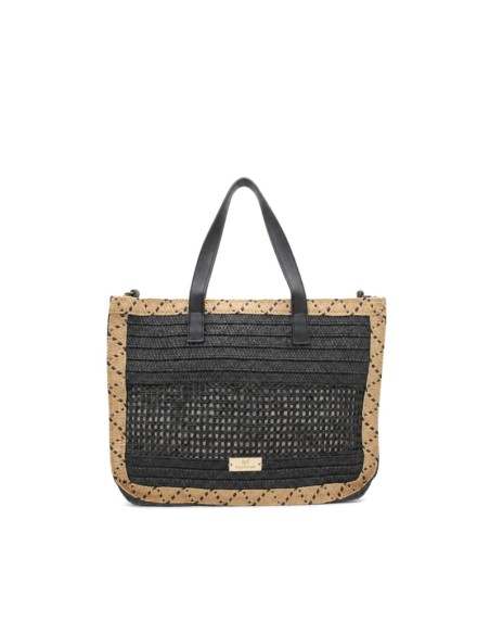 Bolso negro y natural de verano para mujer con cierre de cremallera.