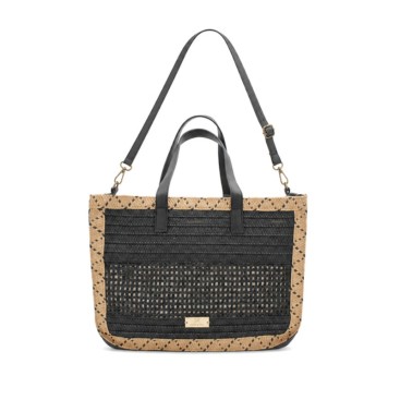 Bolso shopper negro y natural para mujer con asas cortas y diseño trenzado.