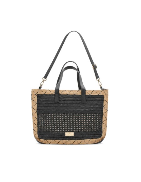 Bolso shopper negro y natural para mujer con asas cortas y diseño trenzado.
