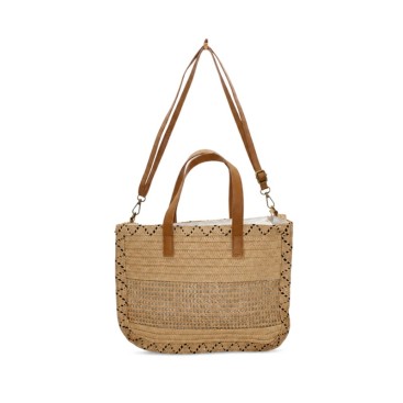 Bolso shopper natural para mujer con detalles camel y bandolera ajustable.